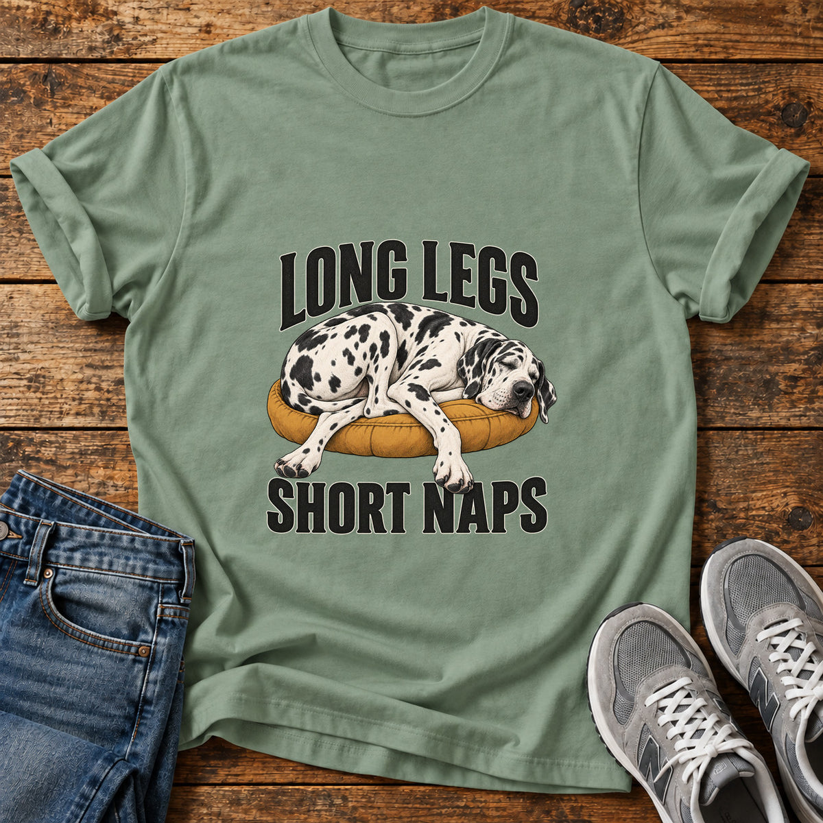 Long Legs Naps Great Dane graphic T-shirt in Sage, shown on a flat-lay shirt mockup