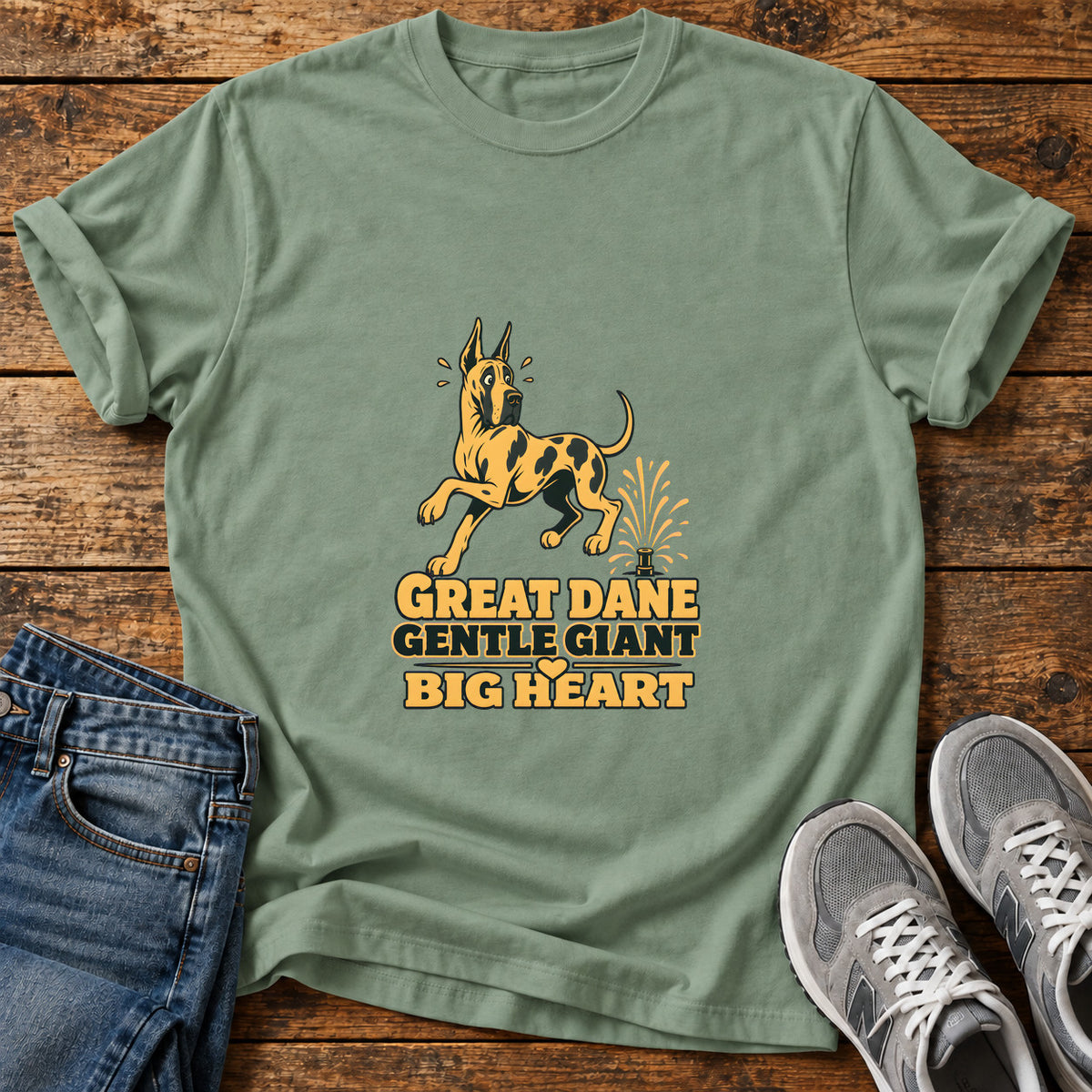 Great Dane Heart graphic T-shirt in Sage, shown on a flat-lay shirt mockup