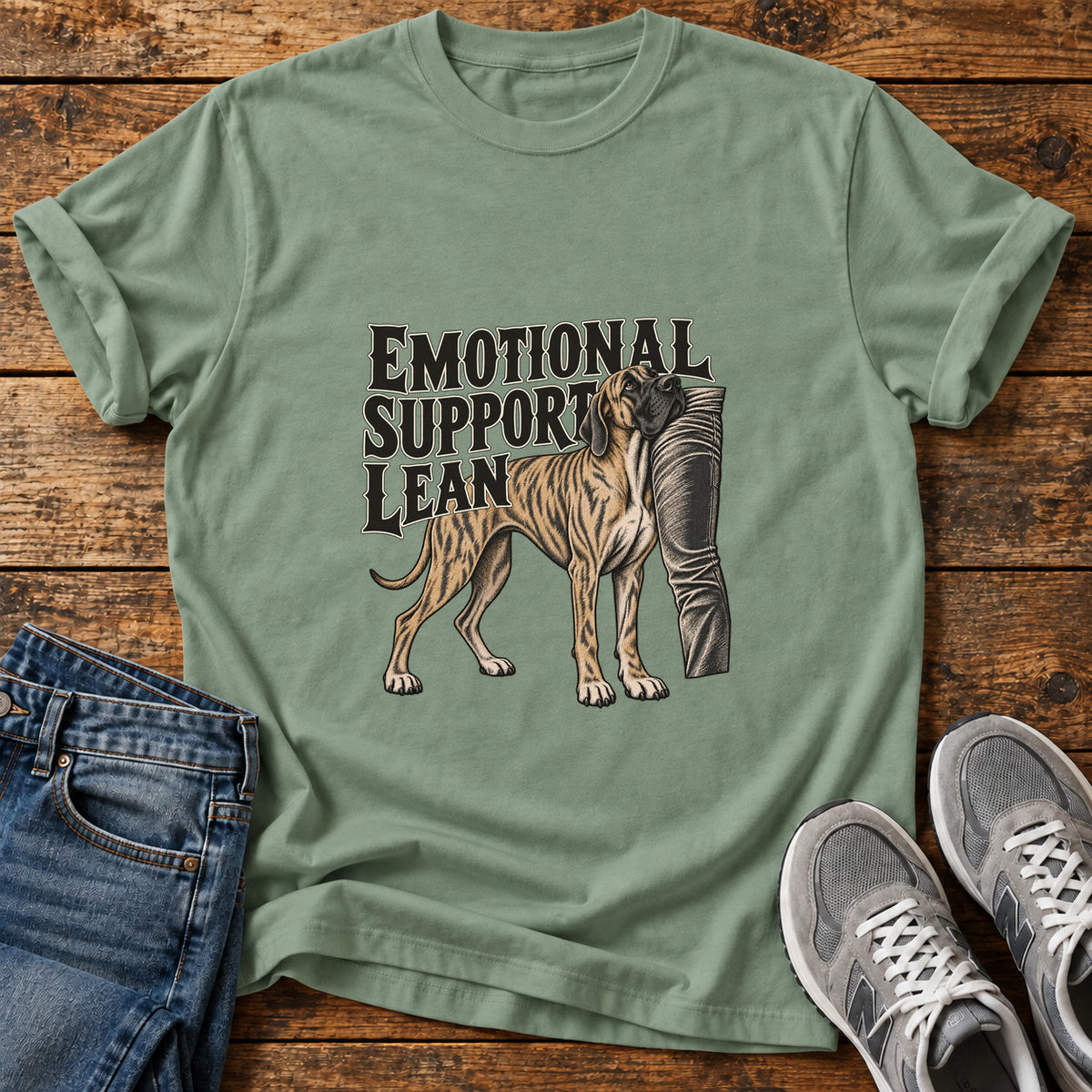 Emotional Support Lean Great Dane graphic T-shirt in Sage, shown on a flat-lay shirt mockup