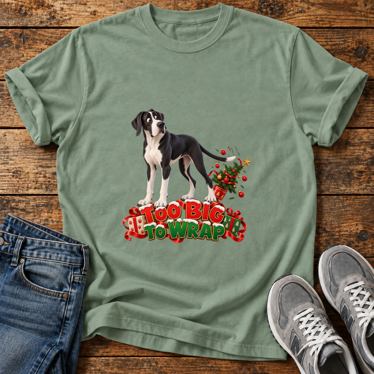 Too Big Wrap Great Dane graphic T-shirt in Sage, shown on a flat-lay shirt mockup