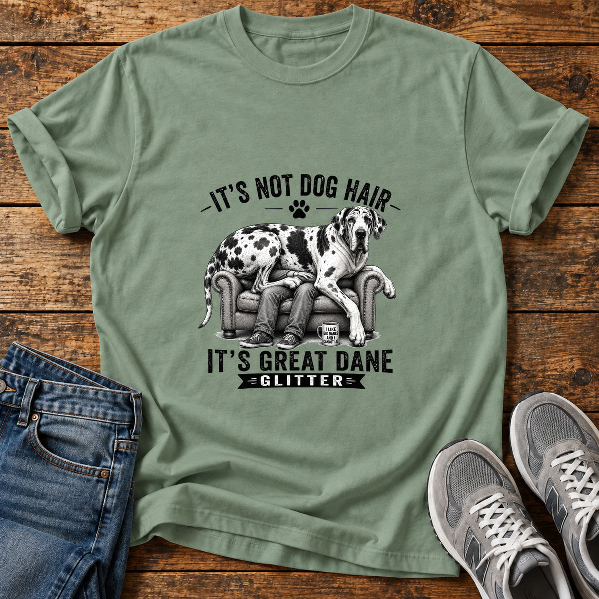 Great Dane Glitter graphic T-shirt in Sage, shown on a flat-lay shirt mockup