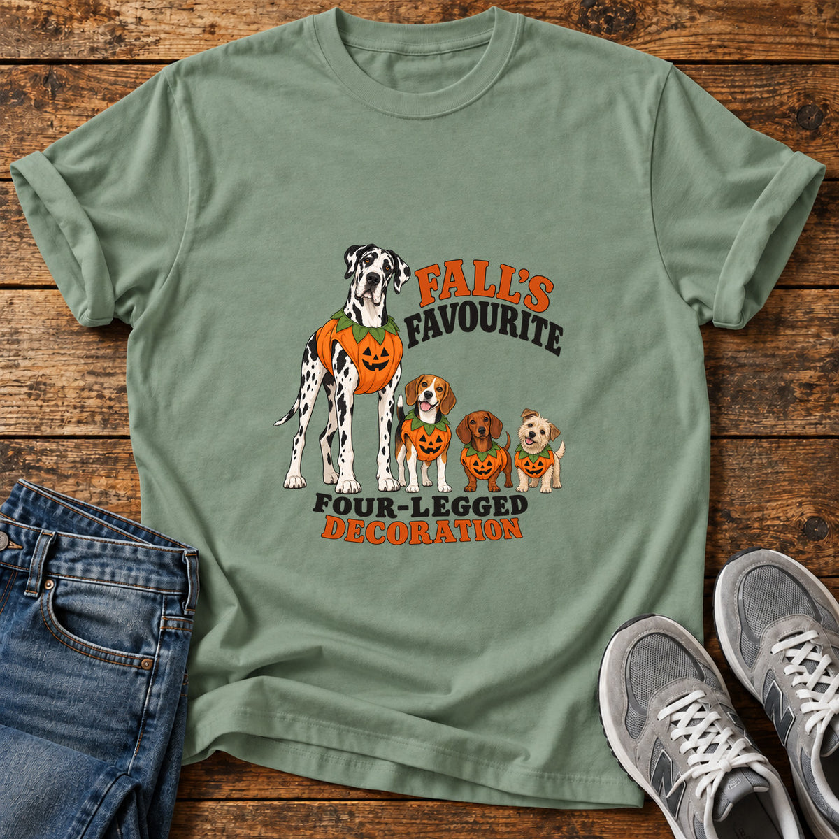 Fall's Favourite Pups Great Dane graphic T-shirt in Sage, shown on a flat-lay shirt mockup