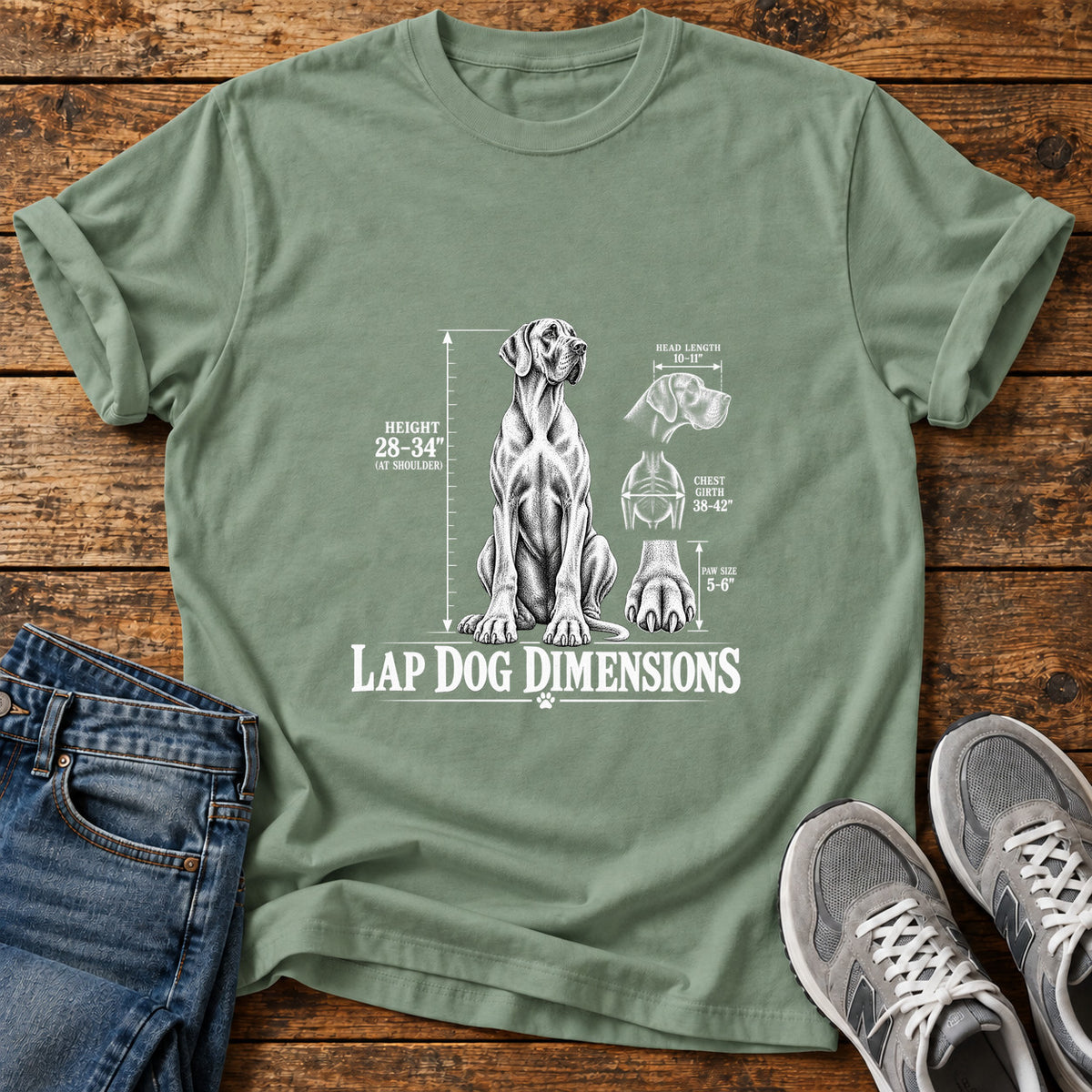 Lap Dog Dimensions Great Dane graphic T-shirt in Sage, shown on a flat-lay shirt mockup