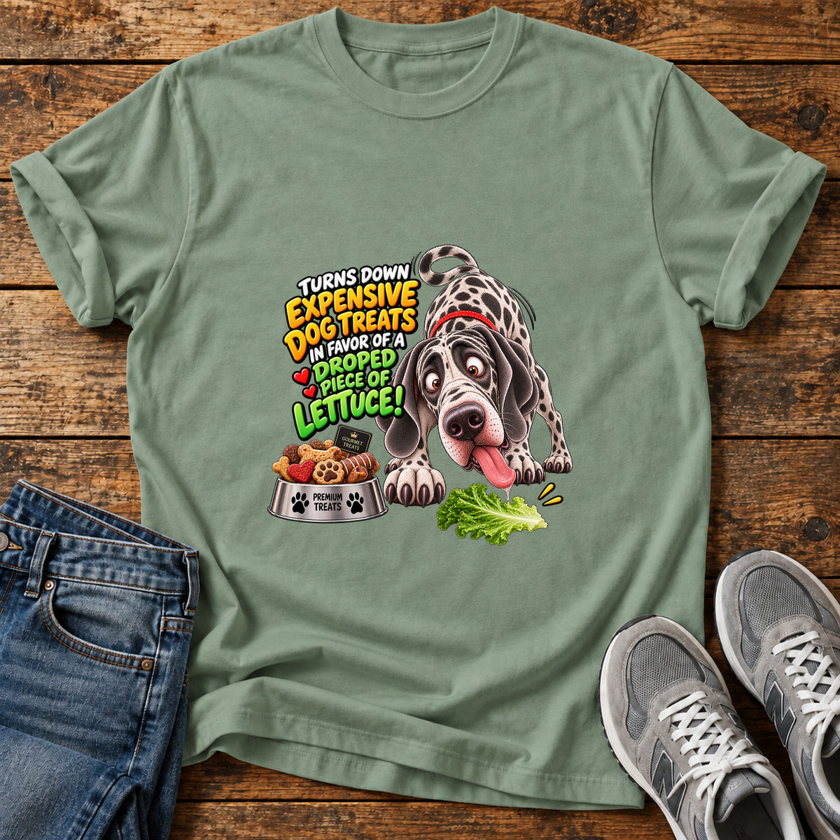 Dog's Lettuce Love Great Dane graphic T-shirt in Sage, shown on a flat-lay shirt mockup