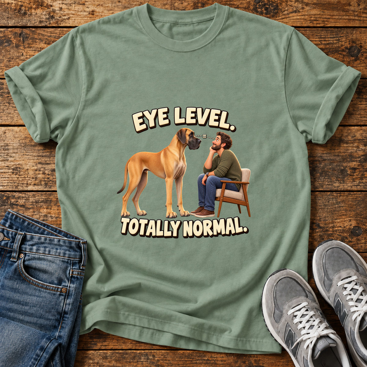 Eye Level Normal Great Dane graphic T-shirt in Sage, shown on a flat-lay shirt mockup