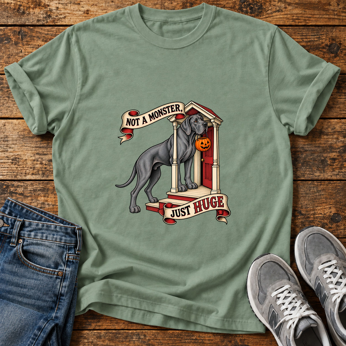 Not A Monster Great Dane graphic T-shirt in Sage, shown on a flat-lay shirt mockup