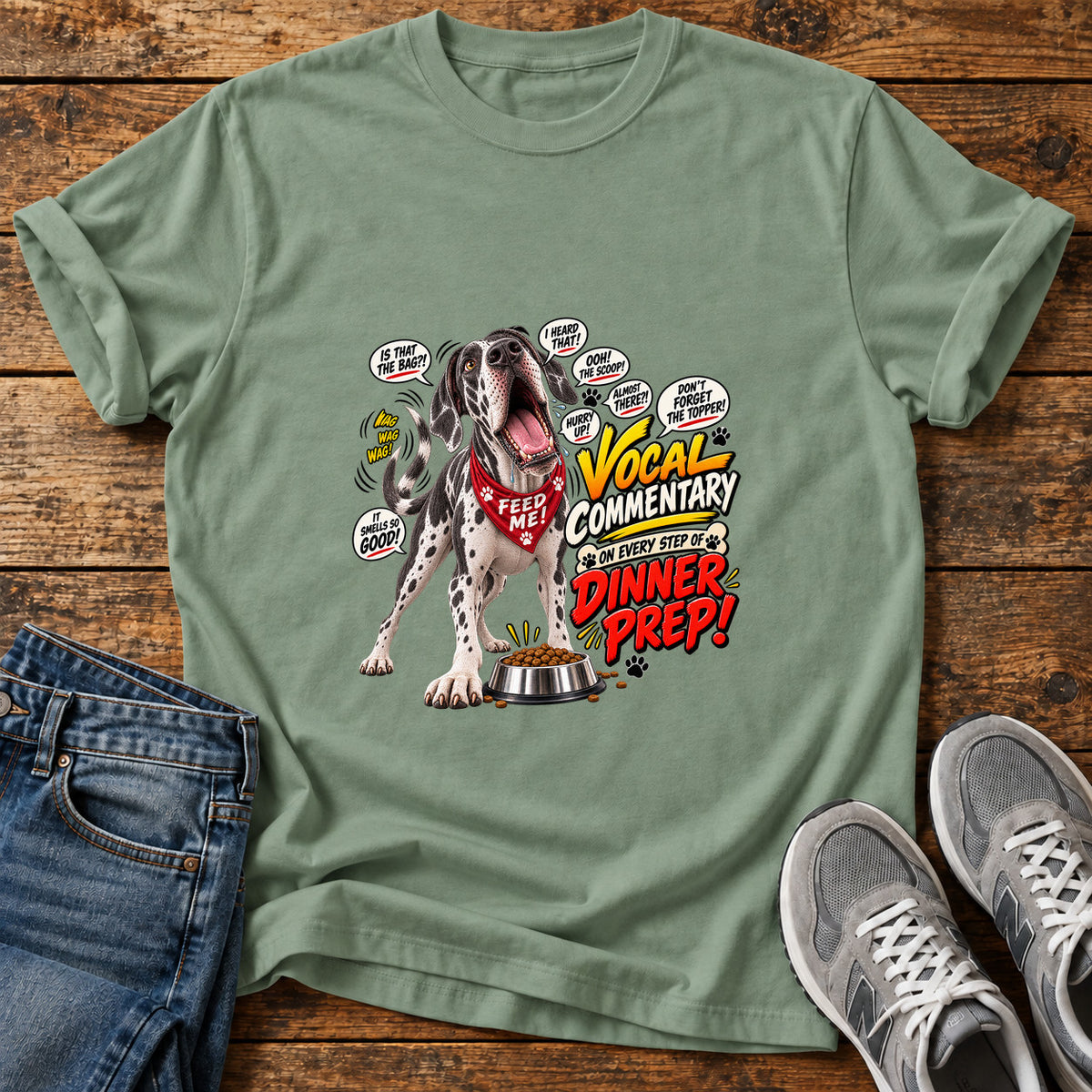 Dinner Prep Commentary Great Dane graphic T-shirt in Sage, shown on a flat-lay shirt mockup