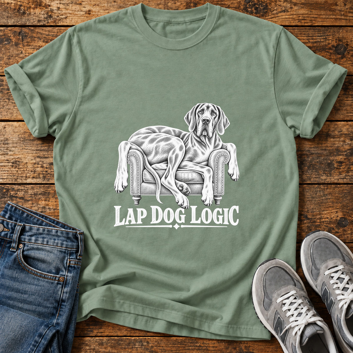 Lap Dog Logic Great Dane graphic T-shirt in Sage, shown on a flat-lay shirt mockup