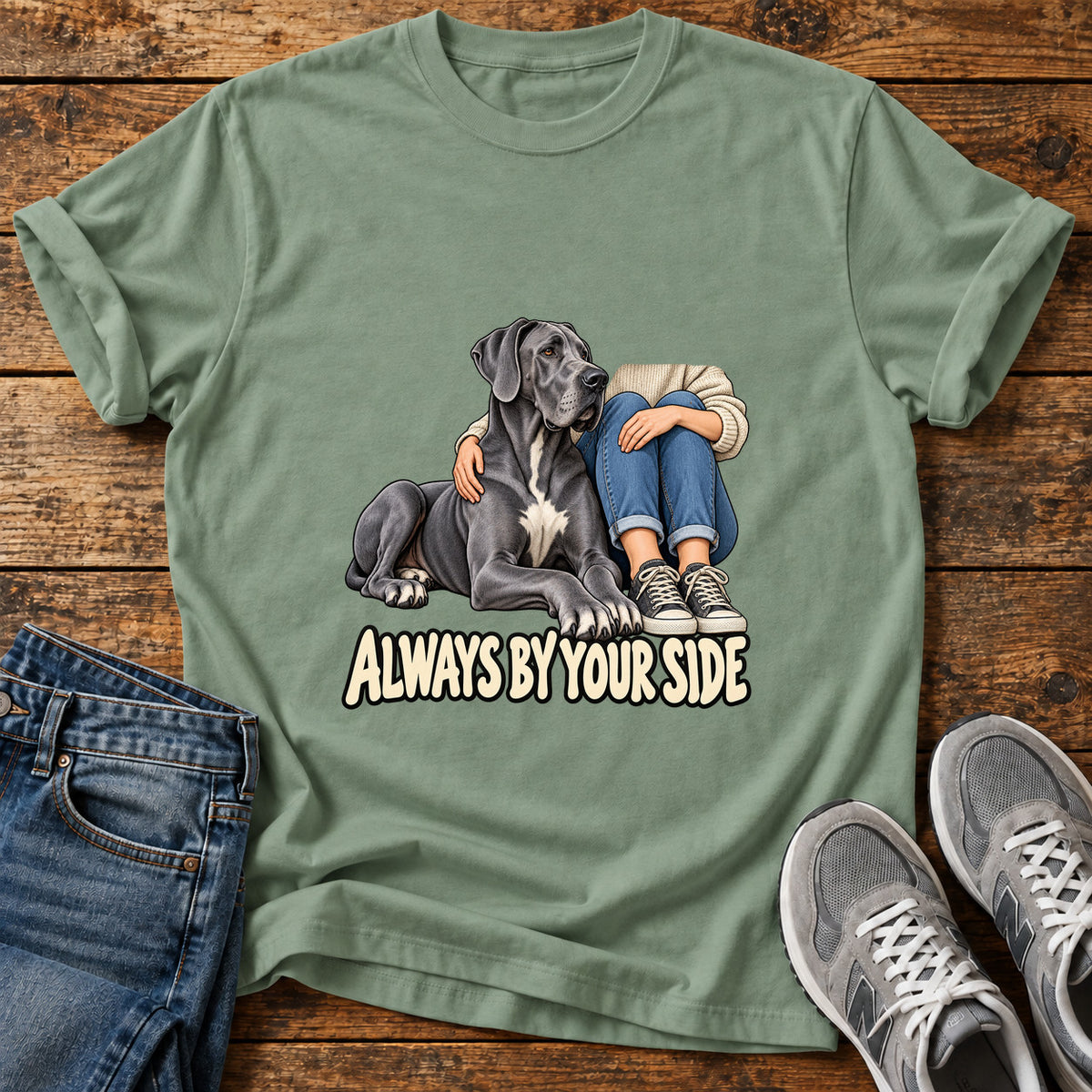 Always By Your Great Dane graphic T-shirt in Sage, shown on a flat-lay shirt mockup