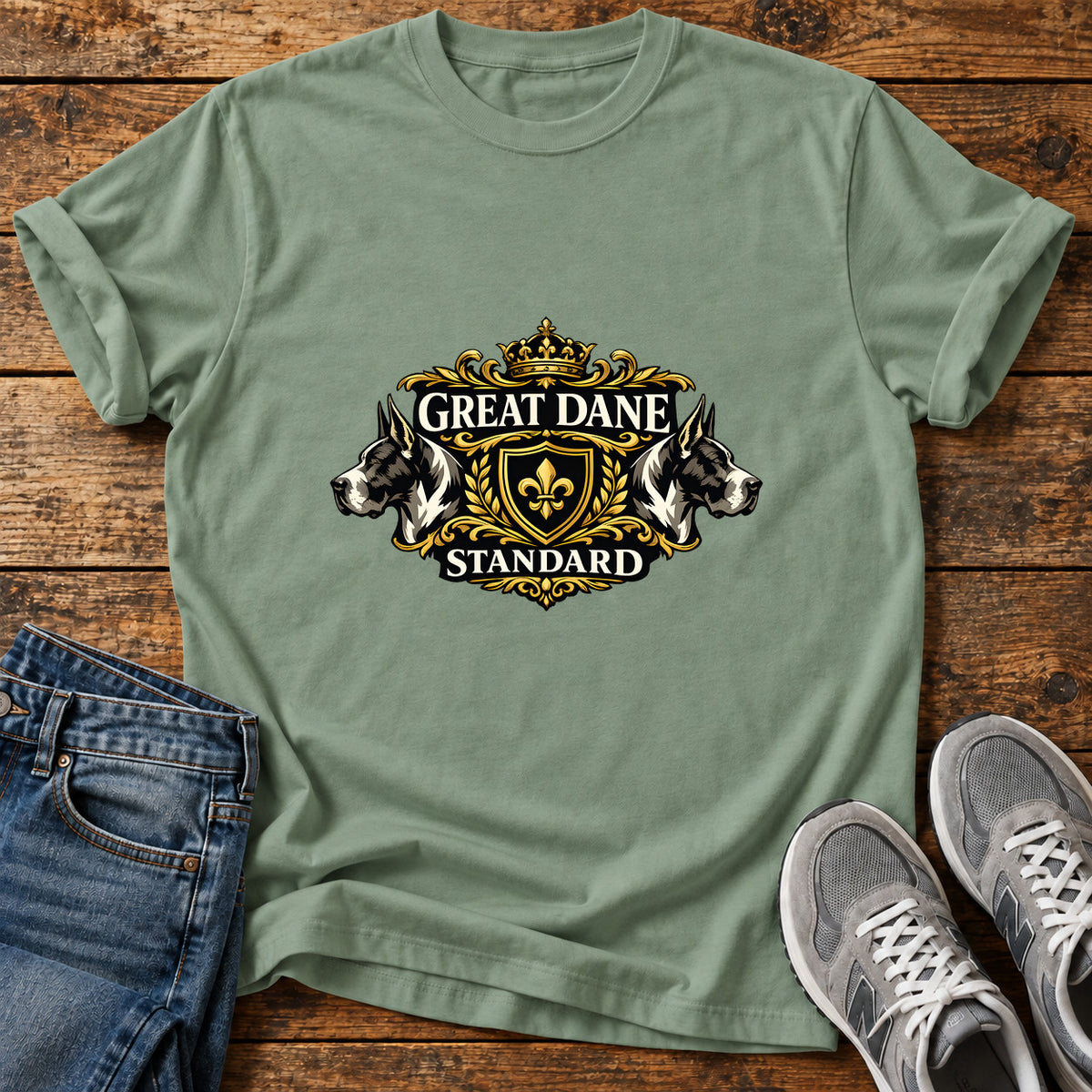 Great Dane Standard graphic T-shirt in Sage, shown on a flat-lay shirt mockup
