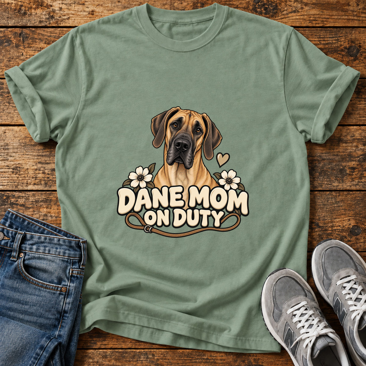 Dane Mom Duty Great Dane graphic T-shirt in Sage, shown on a flat-lay shirt mockup