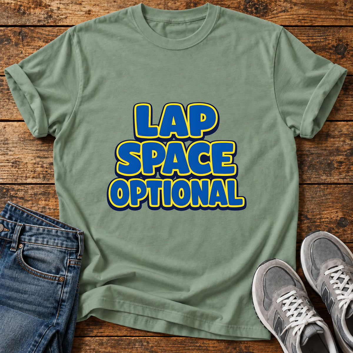 Lap Space Optional Great Dane graphic T-shirt in Sage, shown on a flat-lay shirt mockup