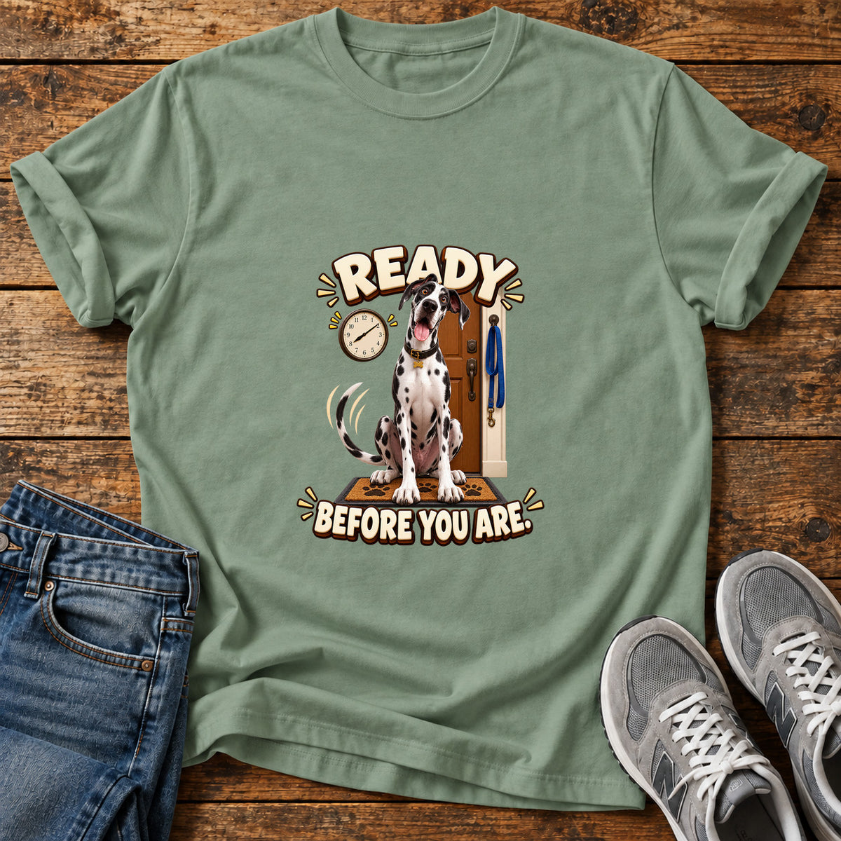 Ready Before You Great Dane graphic T-shirt in Sage, shown on a flat-lay shirt mockup