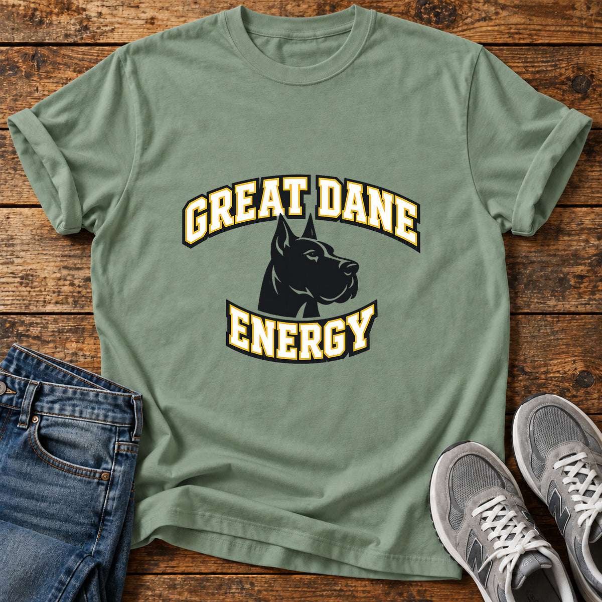 Great Dane Energy graphic T-shirt in Sage, shown on a flat-lay shirt mockup