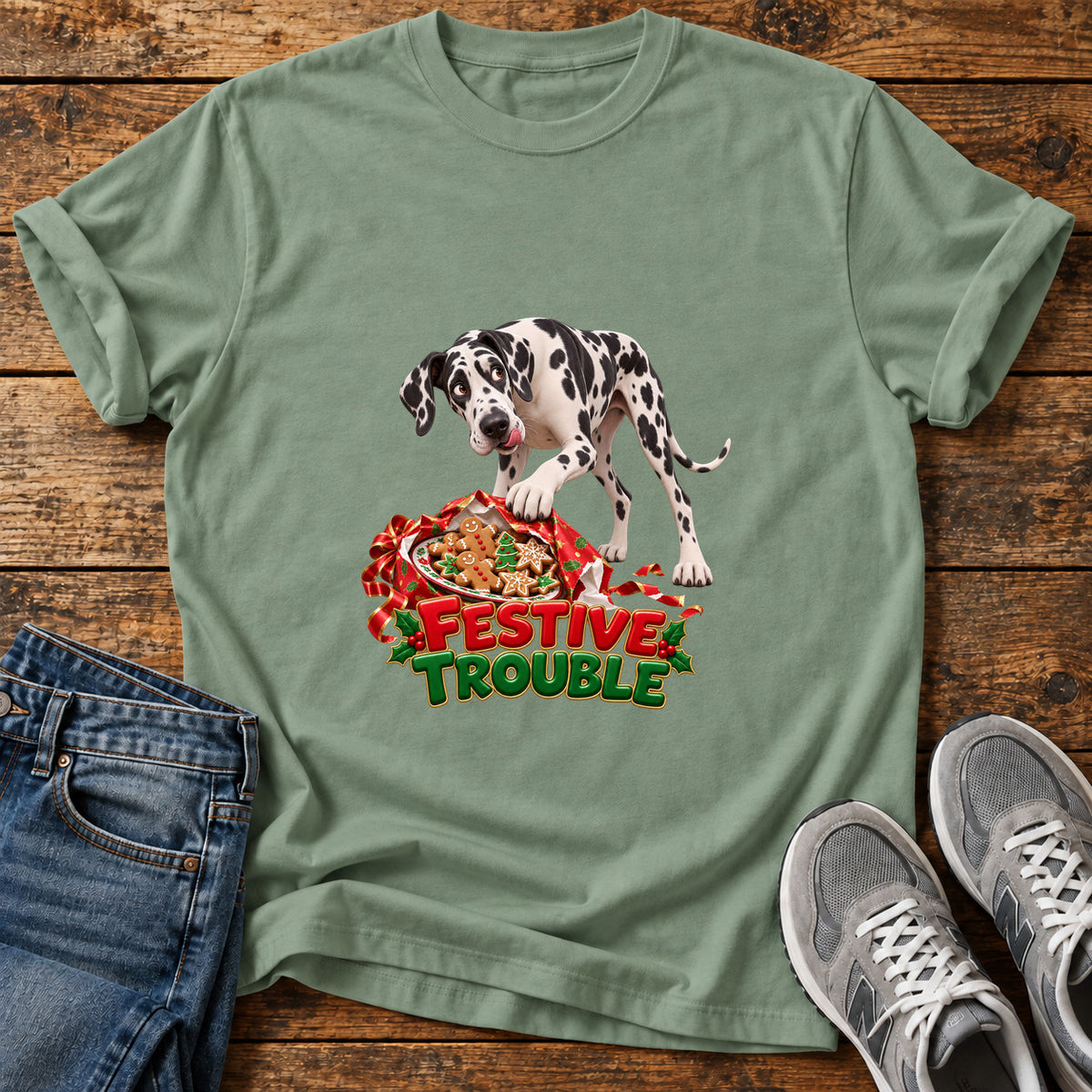 Festive Trouble Great Dane graphic T-shirt in Sage, shown on a flat-lay shirt mockup