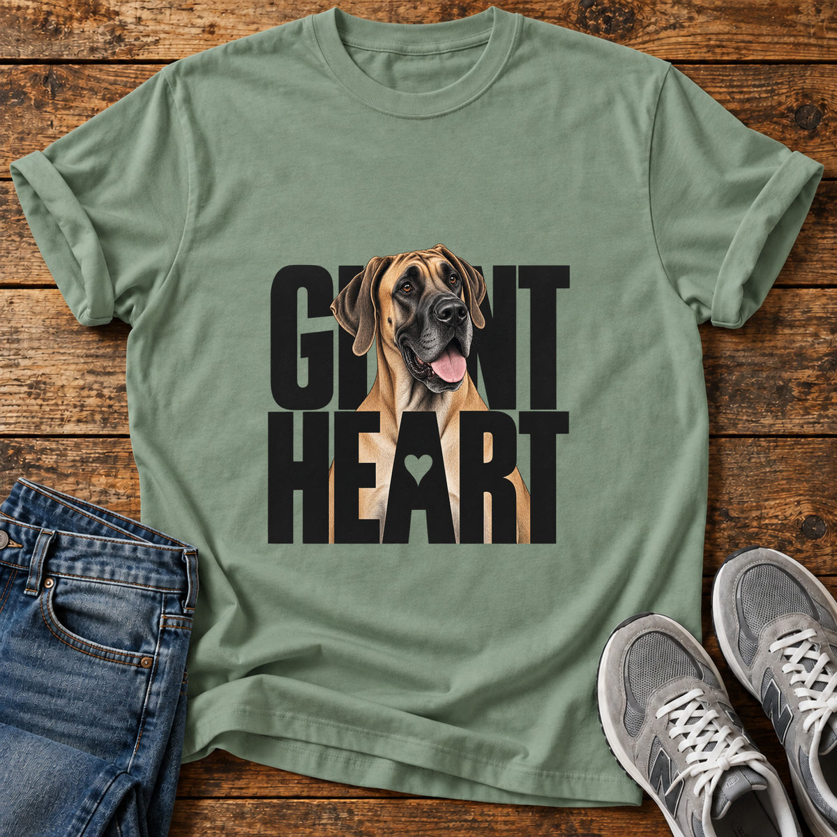 Giant Heart Great Dane graphic T-shirt in Sage, shown on a flat-lay shirt mockup