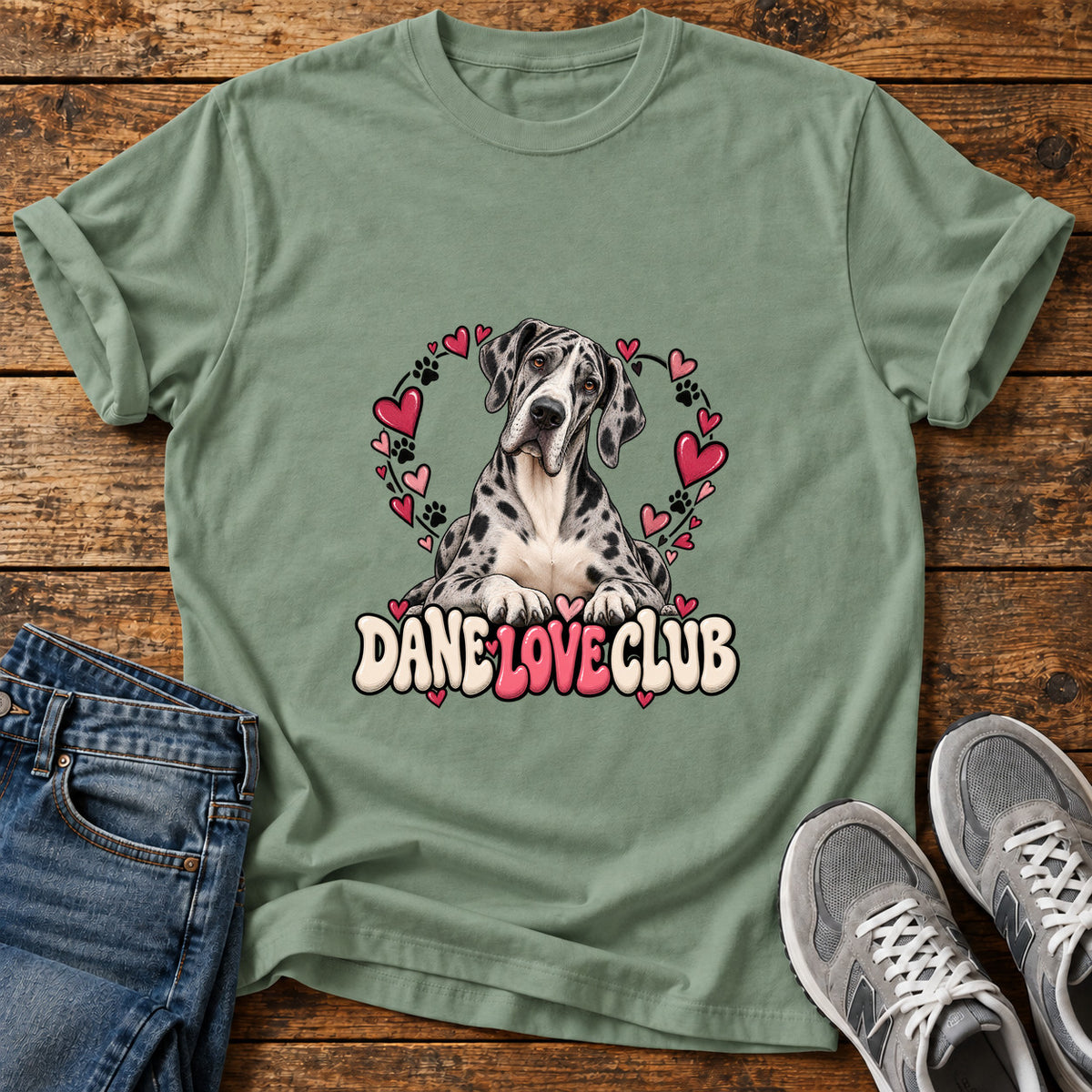 Dane Love Club Great Dane graphic T-shirt in Sage, shown on a flat-lay shirt mockup