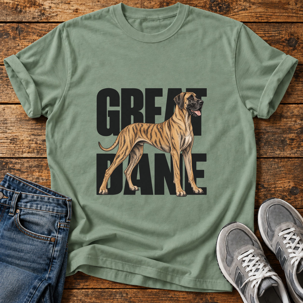 Great Dane graphic T-shirt in Sage, shown on a flat-lay shirt mockup