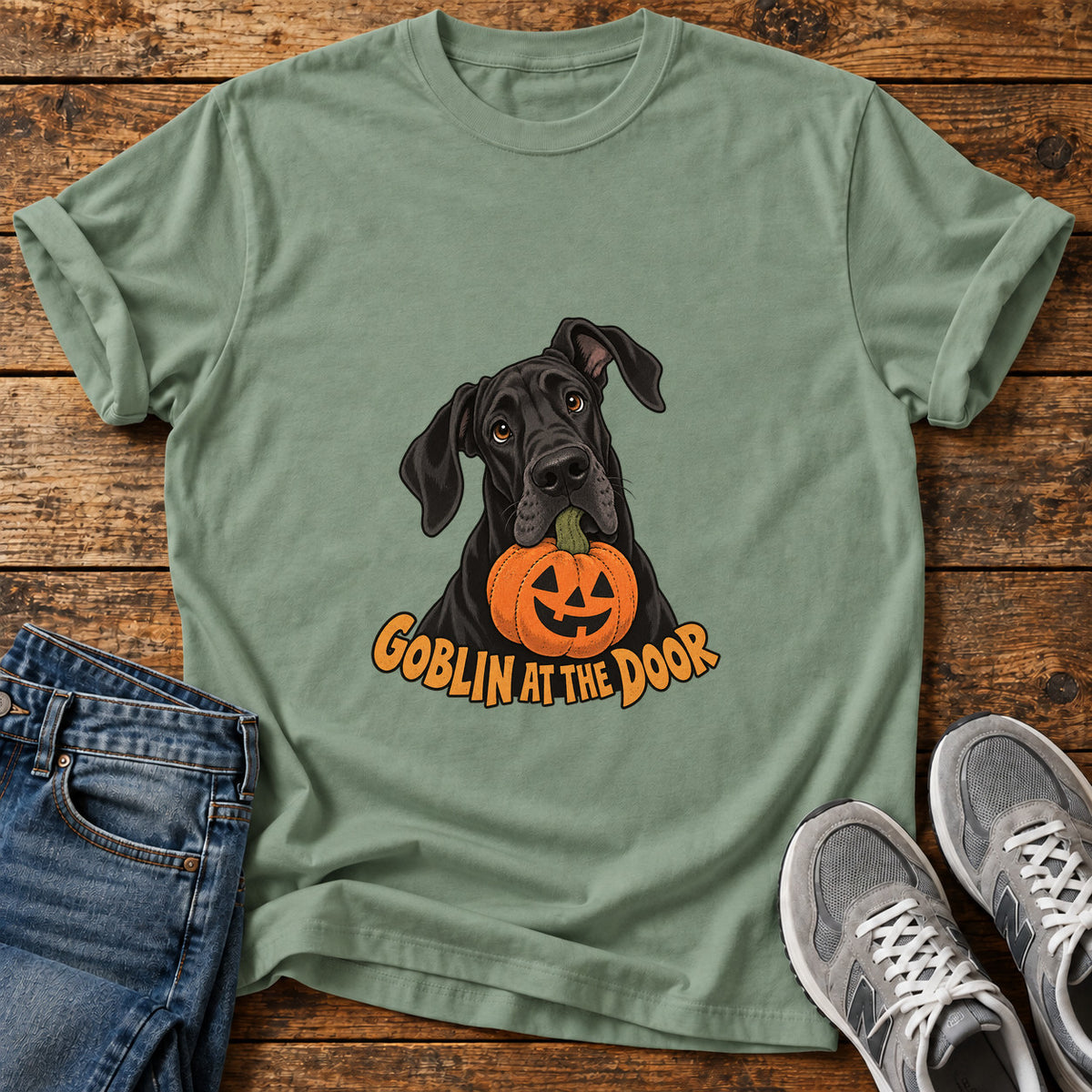 Goblin At Door Great Dane graphic T-shirt in Sage, shown on a flat-lay shirt mockup