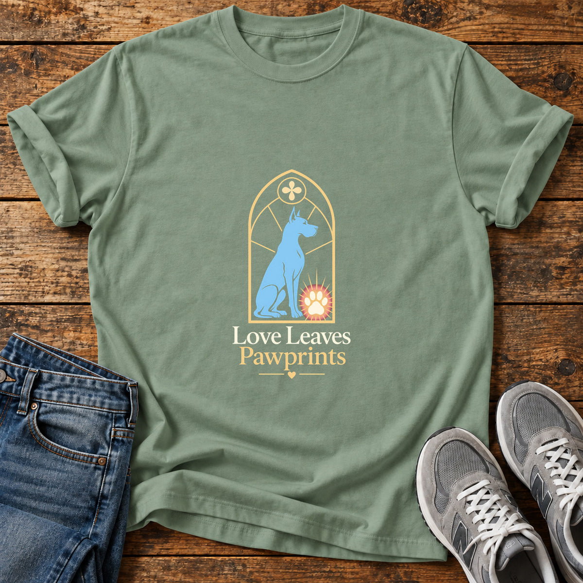 Love Leaves Pawprints Great Dane graphic T-shirt in Sage, shown on a flat-lay shirt mockup