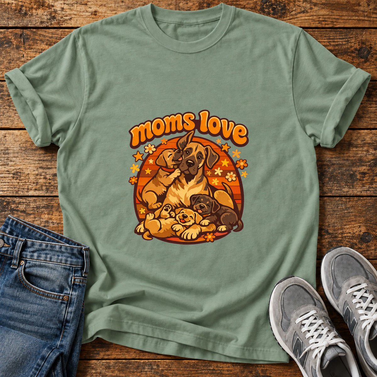 Moms Love Great Dane graphic T-shirt in Sage, shown on a flat-lay shirt mockup