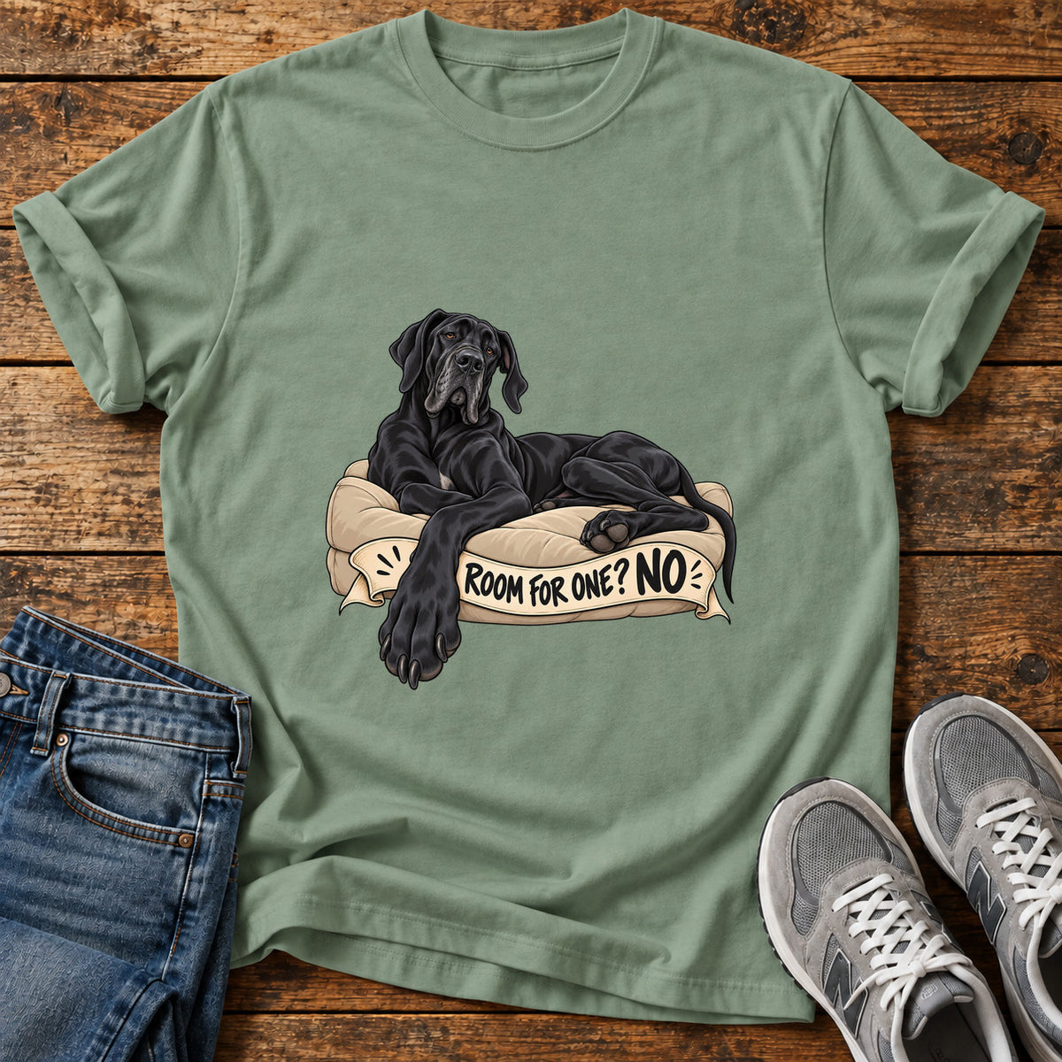 Room For One Great Dane graphic T-shirt in Sage, shown on a flat-lay shirt mockup