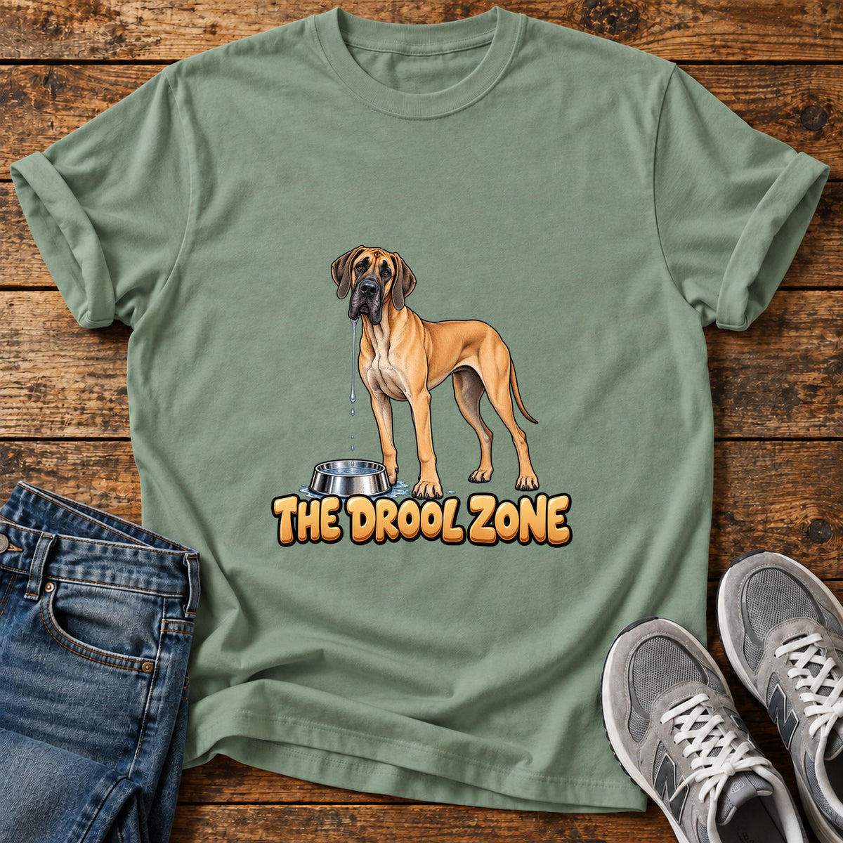 The Drool Zone Great Dane graphic T-shirt in Sage, shown on a flat-lay shirt mockup
