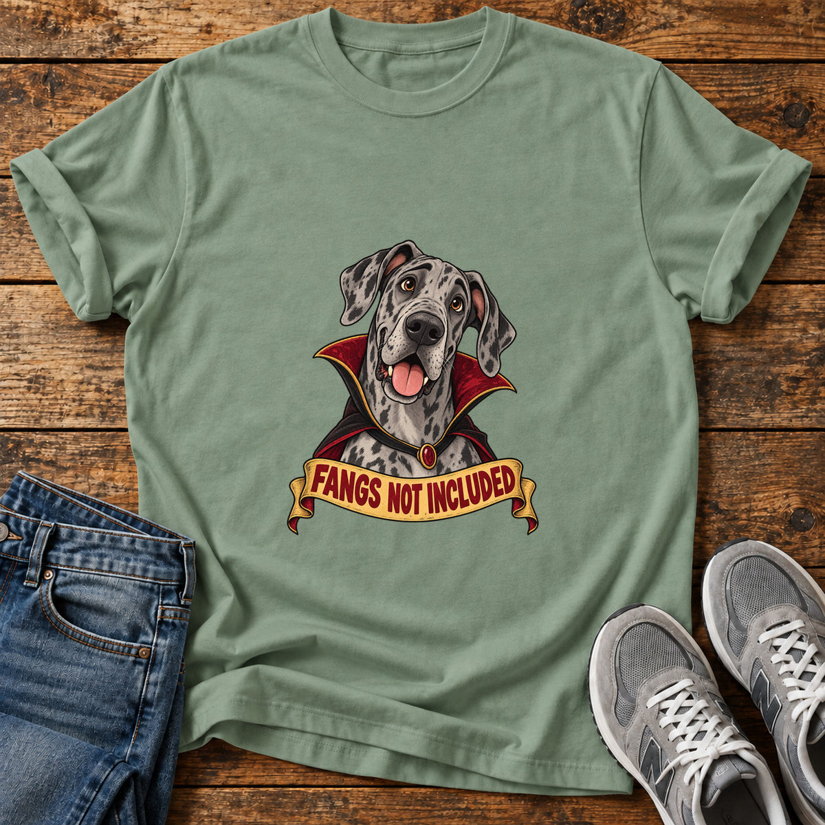 Fangs Not Included Great Dane graphic T-shirt in Sage, shown on a flat-lay shirt mockup