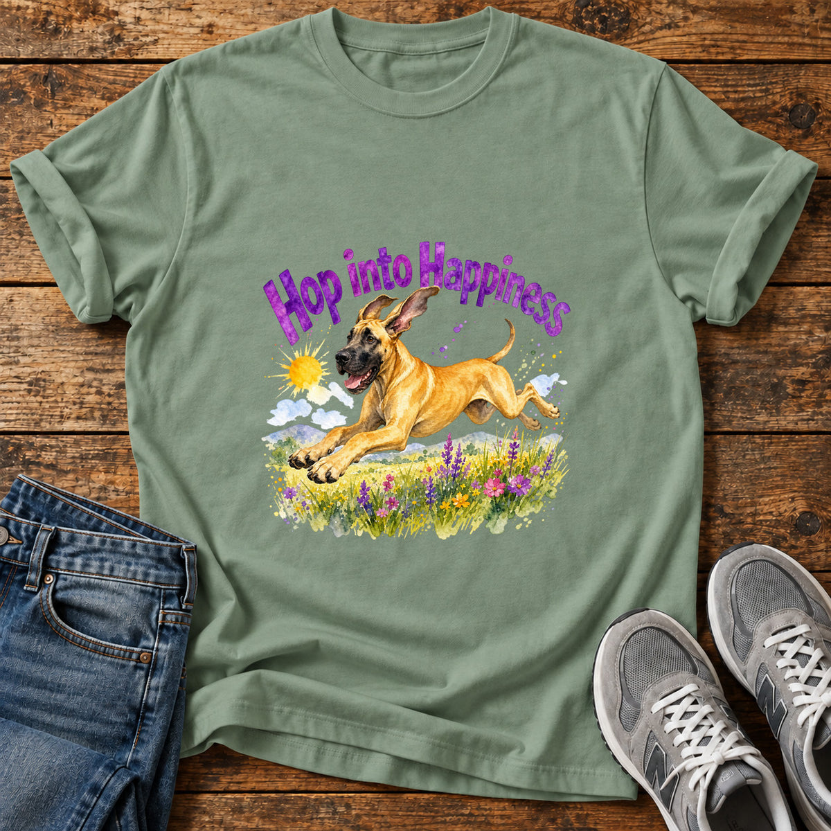 Hop Into Happiness Great Dane graphic T-shirt in Sage, shown on a flat-lay shirt mockup