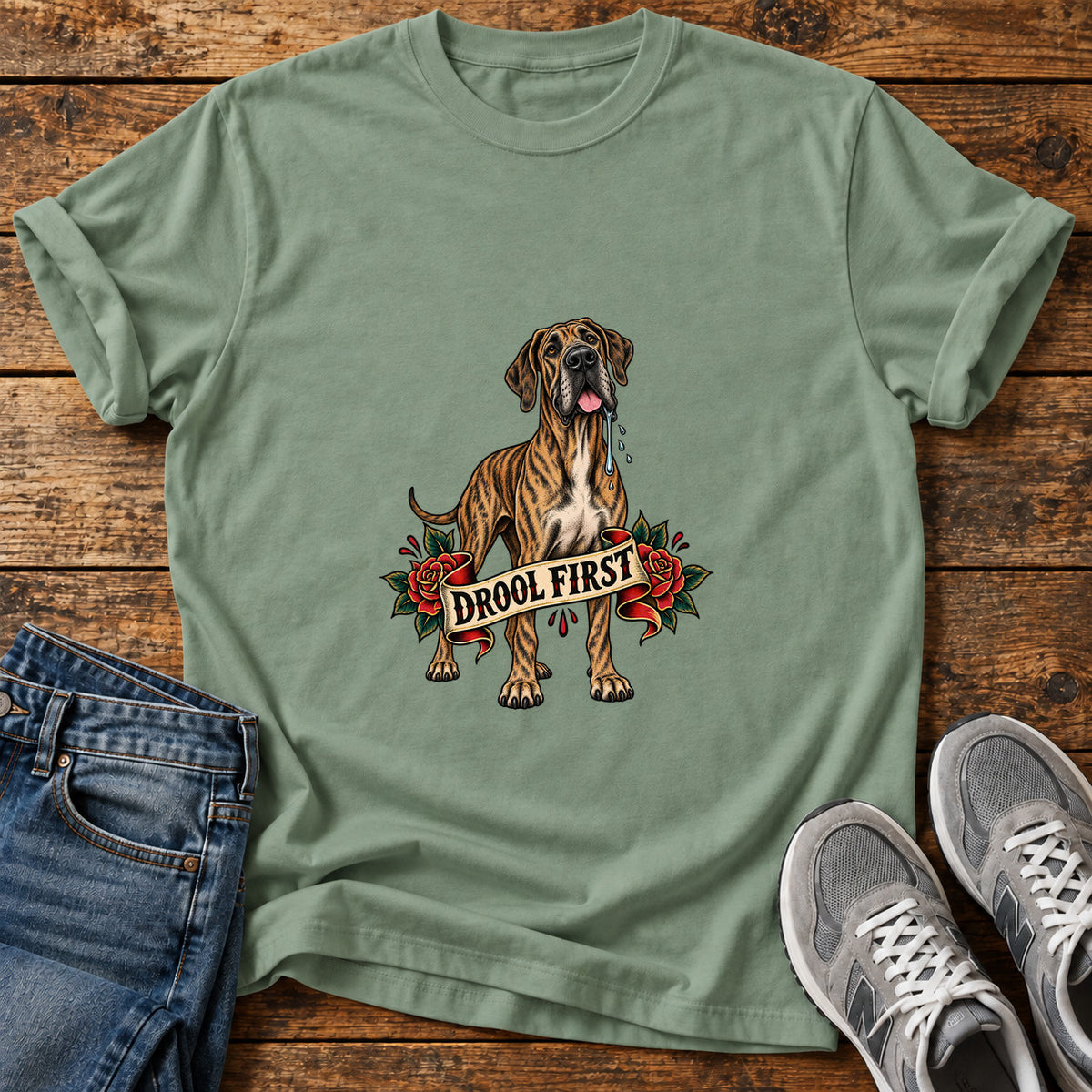 Drool First Great Dane graphic T-shirt in Sage, shown on a flat-lay shirt mockup