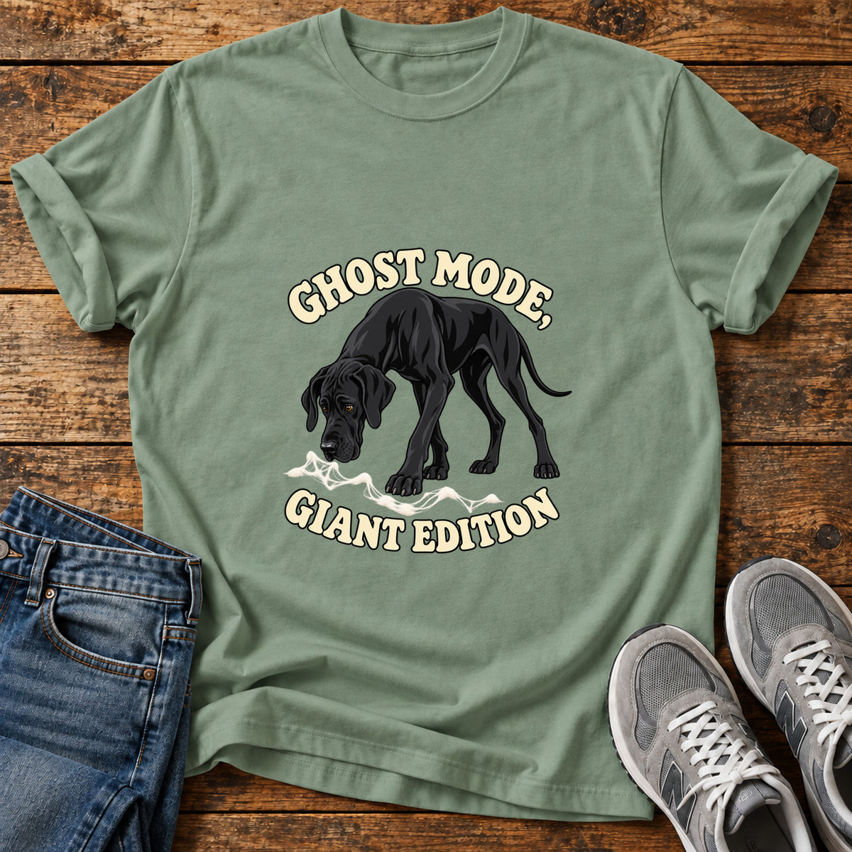 Ghost Mode Giant Great Dane graphic T-shirt in Sage, shown on a flat-lay shirt mockup