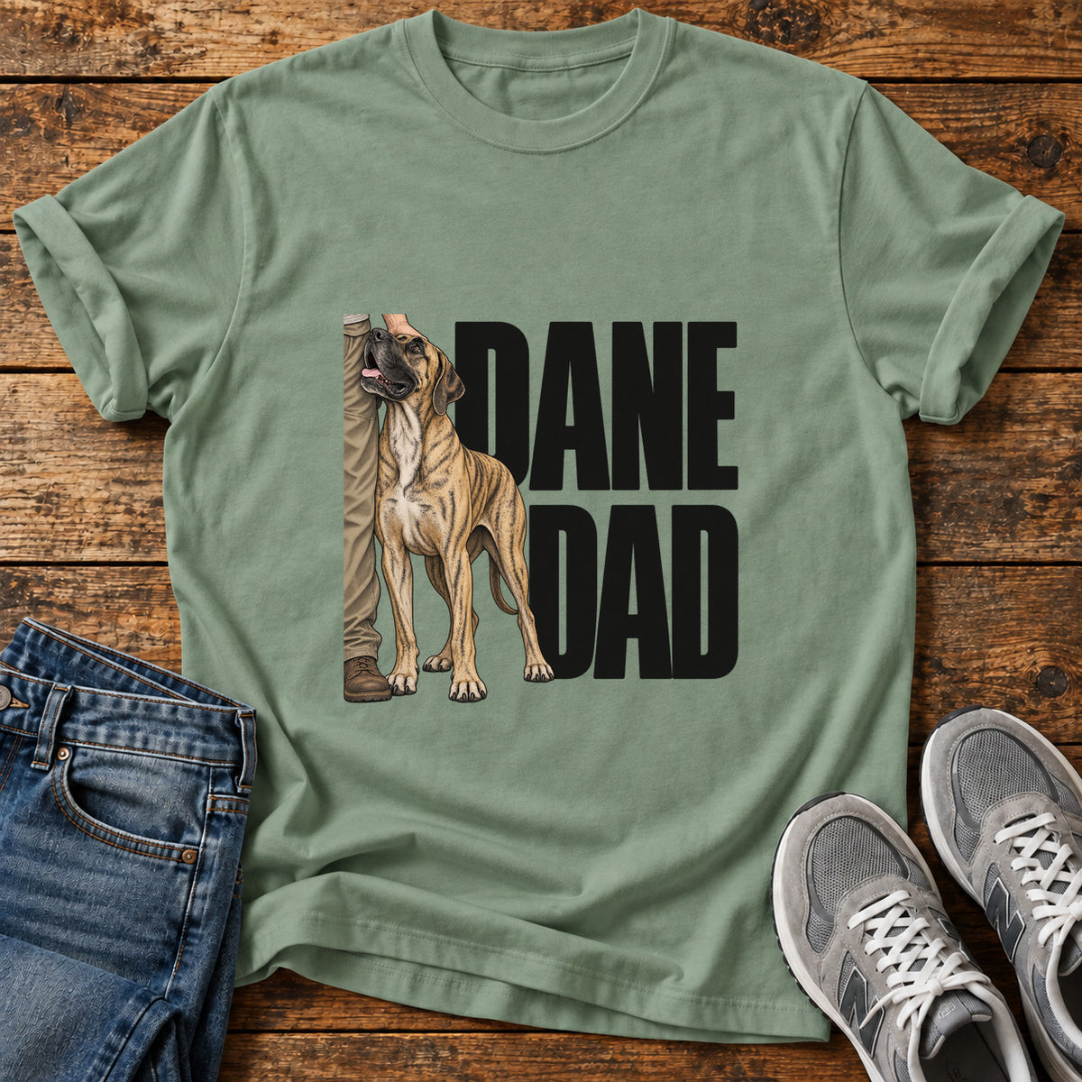 Dane Dad Great Dane graphic T-shirt in Sage, shown on a flat-lay shirt mockup