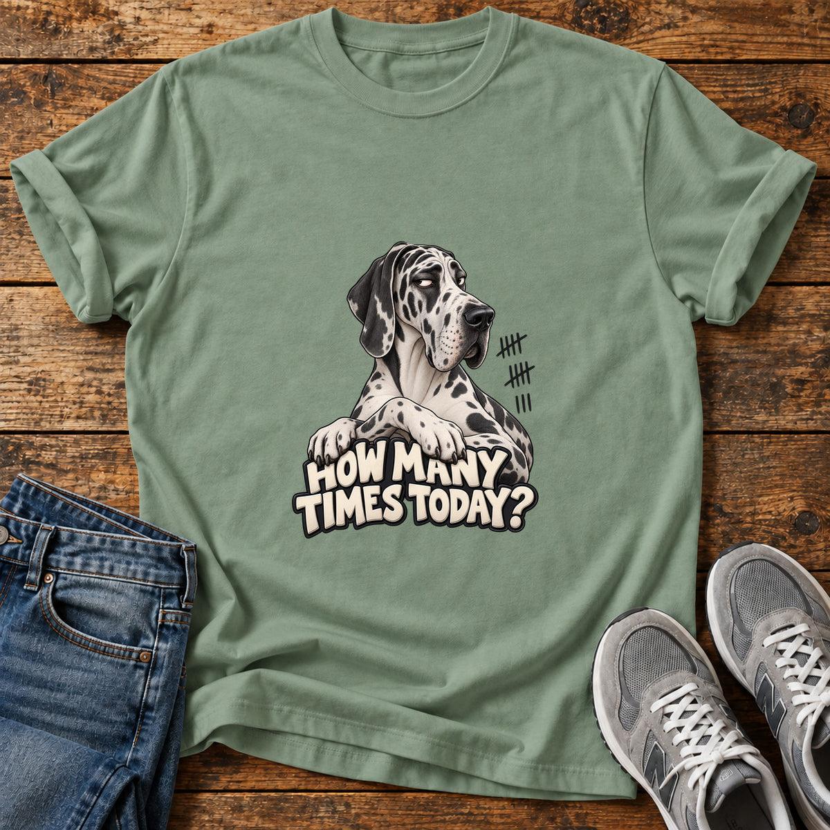 How Many Times Great Dane graphic T-shirt in Sage, shown on a flat-lay shirt mockup