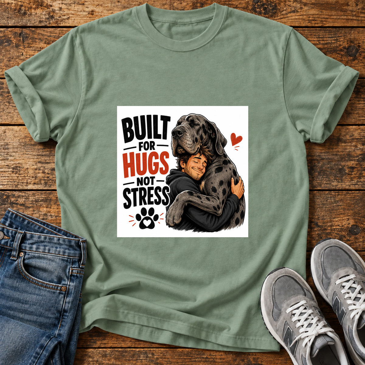 Built For Hugs Great Dane graphic T-shirt in Sage, shown on a flat-lay shirt mockup