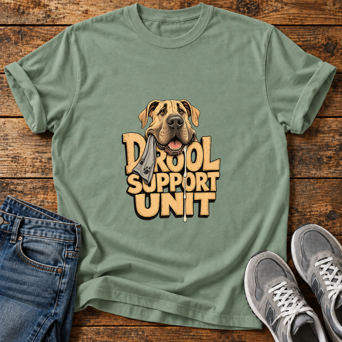 Drool Support Unit Great Dane graphic T-shirt in Sage, shown on a flat-lay shirt mockup