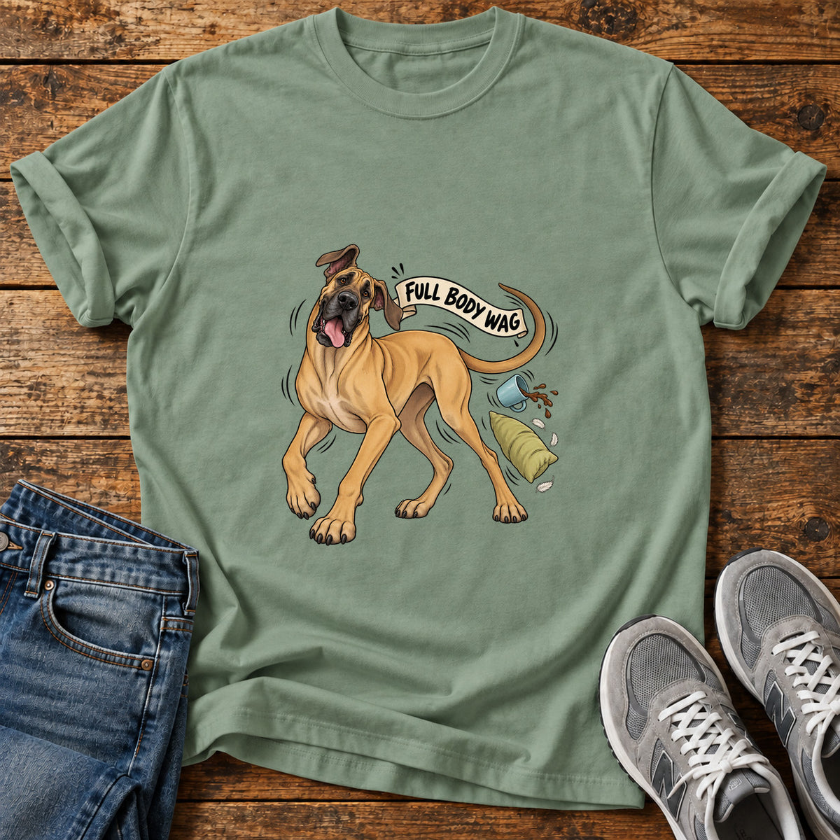 Full Body Wag Great Dane graphic T-shirt in Sage, shown on a flat-lay shirt mockup