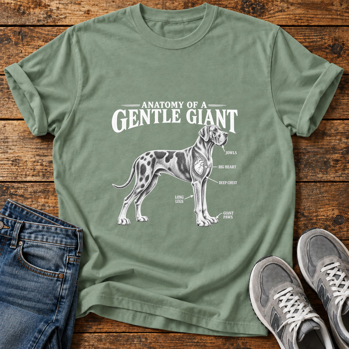 Gentle Giant Great Dane graphic T-shirt in Sage, shown on a flat-lay shirt mockup