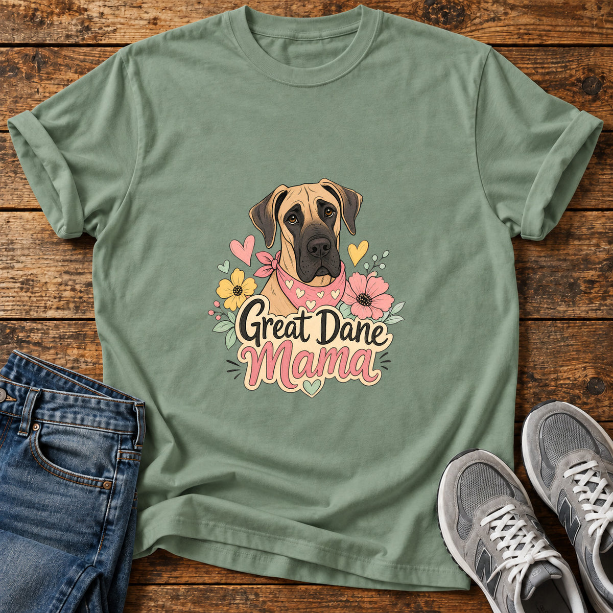 Great Dane Mama graphic T-shirt in Sage, shown on a flat-lay shirt mockup