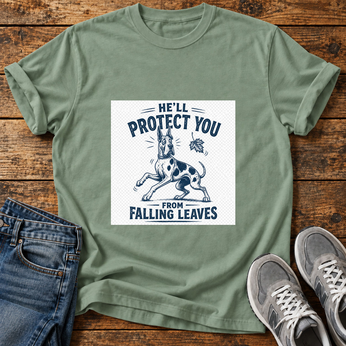 Protective Pooch Great Dane graphic T-shirt in Sage, shown on a flat-lay shirt mockup