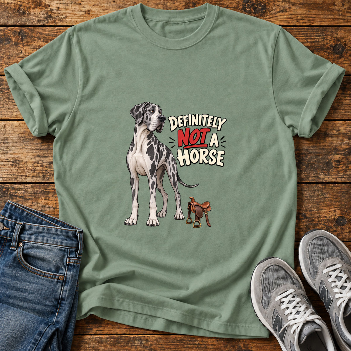 Not A Horse Great Dane graphic T-shirt in Sage, shown on a flat-lay shirt mockup
