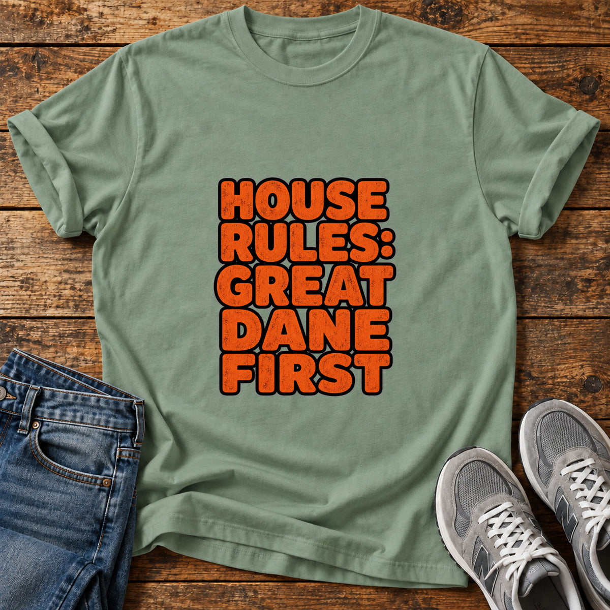 Great Dane Rules graphic T-shirt in Sage, shown on a flat-lay shirt mockup