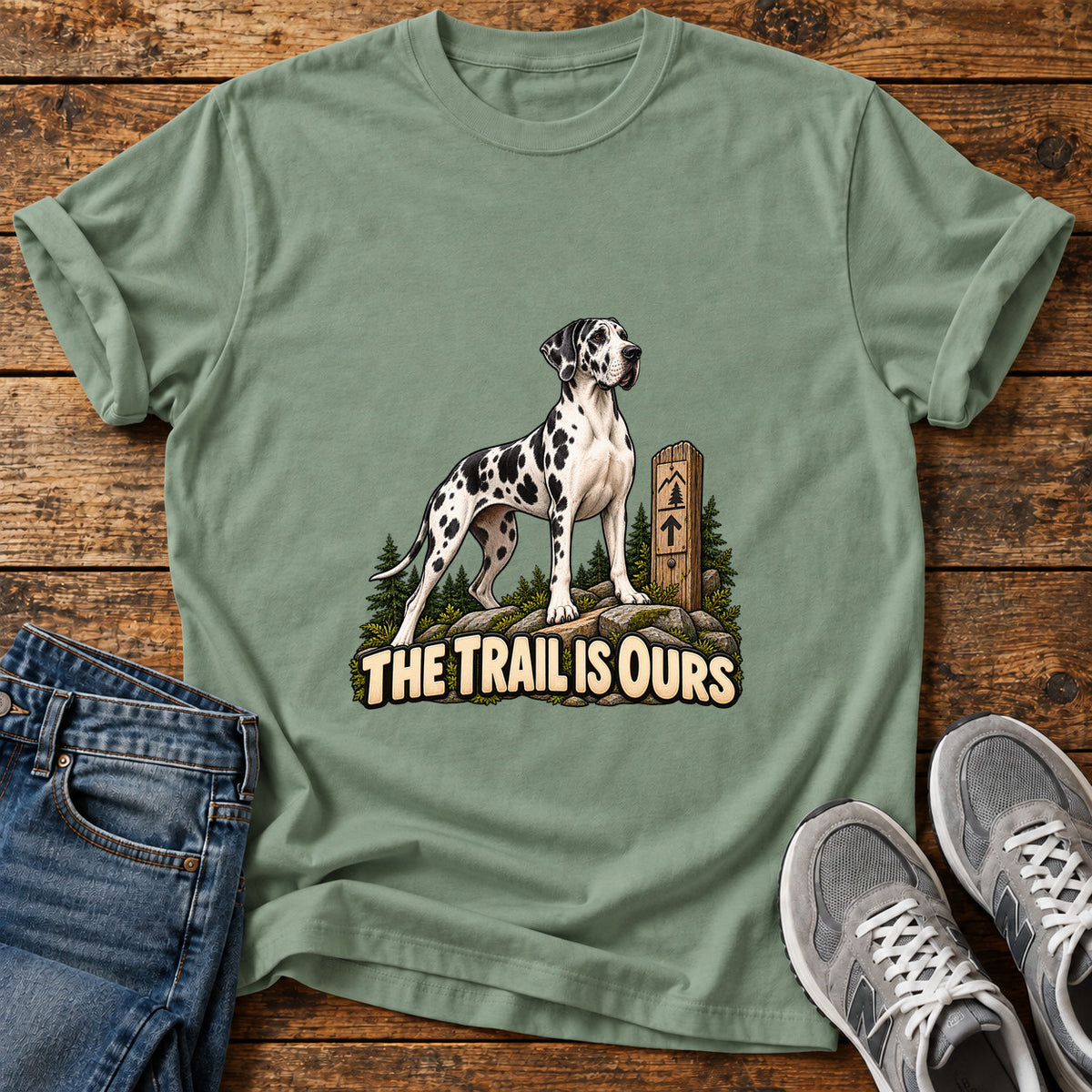 Trail Is Ours Great Dane graphic T-shirt in Sage, shown on a flat-lay shirt mockup