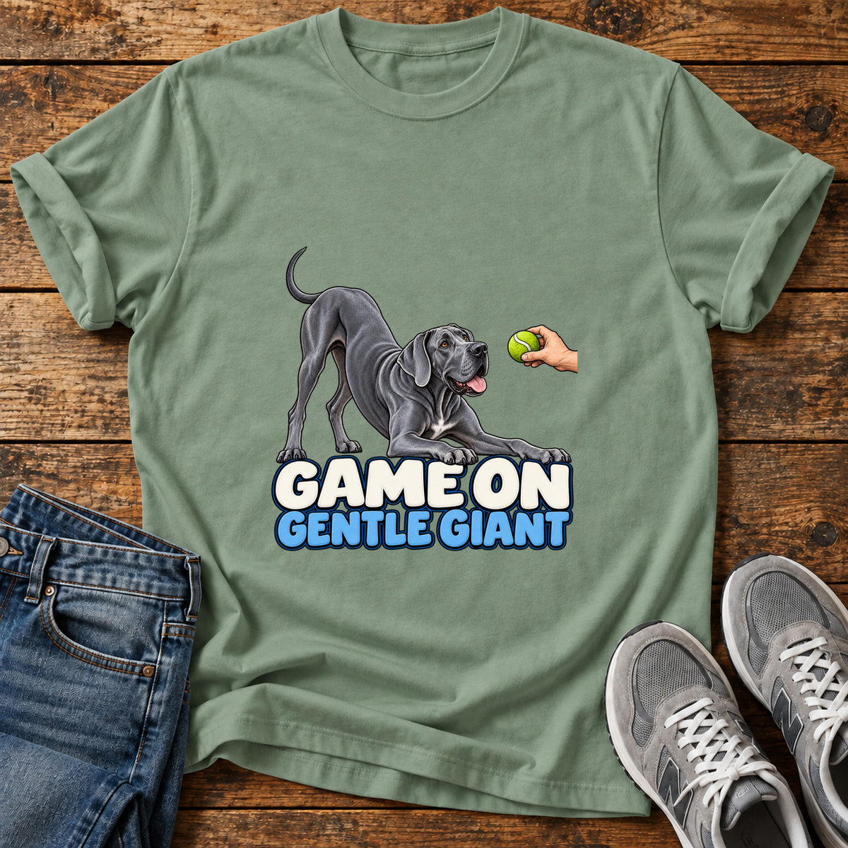 Game On Giant Great Dane graphic T-shirt in Sage, shown on a flat-lay shirt mockup