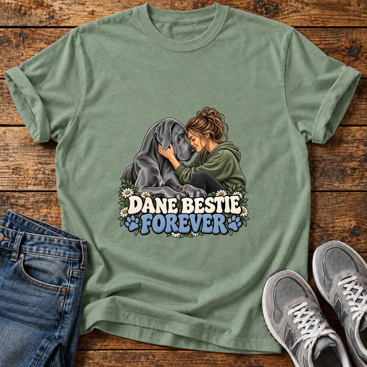 Dane Bestie Forever Great Dane graphic T-shirt in Sage, shown on a flat-lay shirt mockup