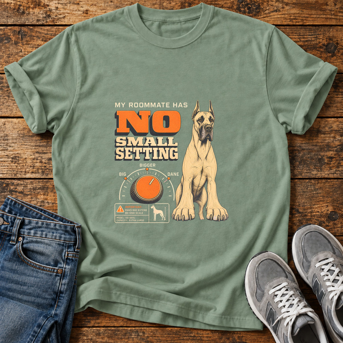 No Small Setting Great Dane graphic T-shirt in Sage, shown on a flat-lay shirt mockup