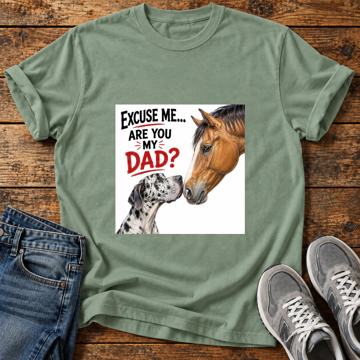 Are You Dad Great Dane graphic T-shirt in Sage, shown on a flat-lay shirt mockup