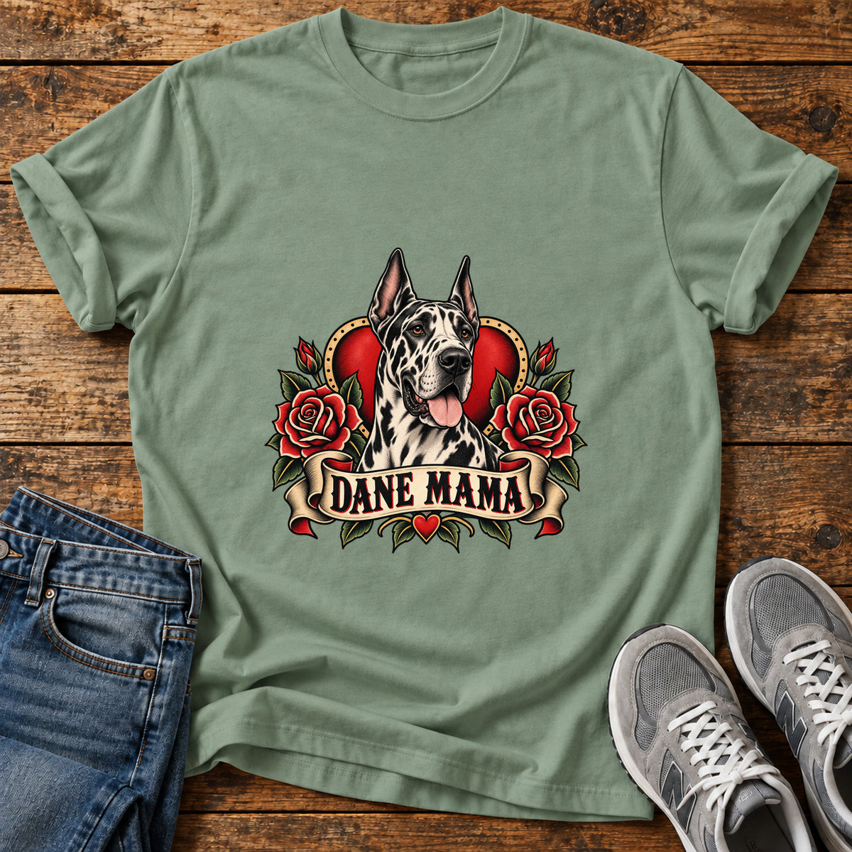Dane Mama Great Dane graphic T-shirt in Sage, shown on a flat-lay shirt mockup