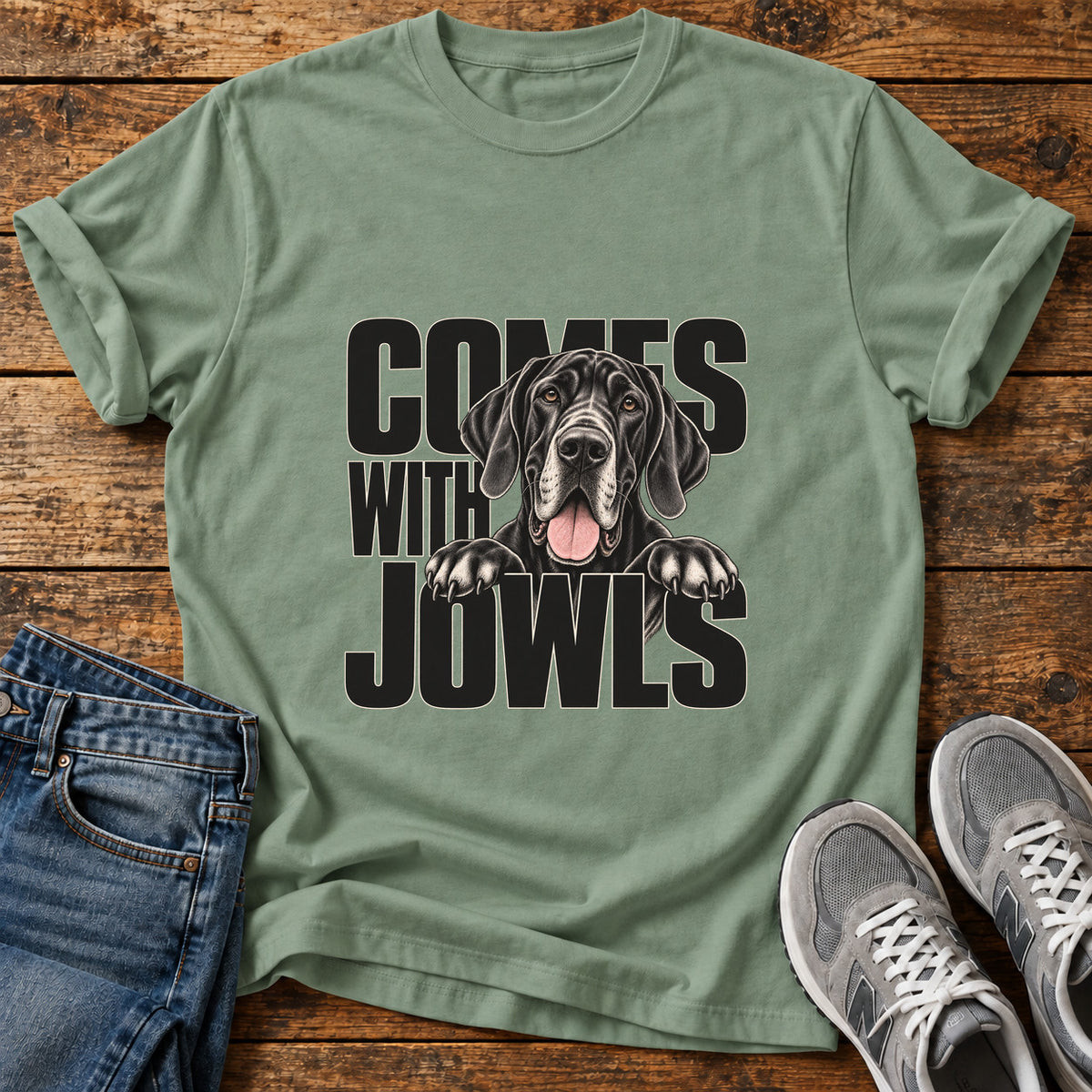 Comes With Jowls Great Dane graphic T-shirt in Sage, shown on a flat-lay shirt mockup
