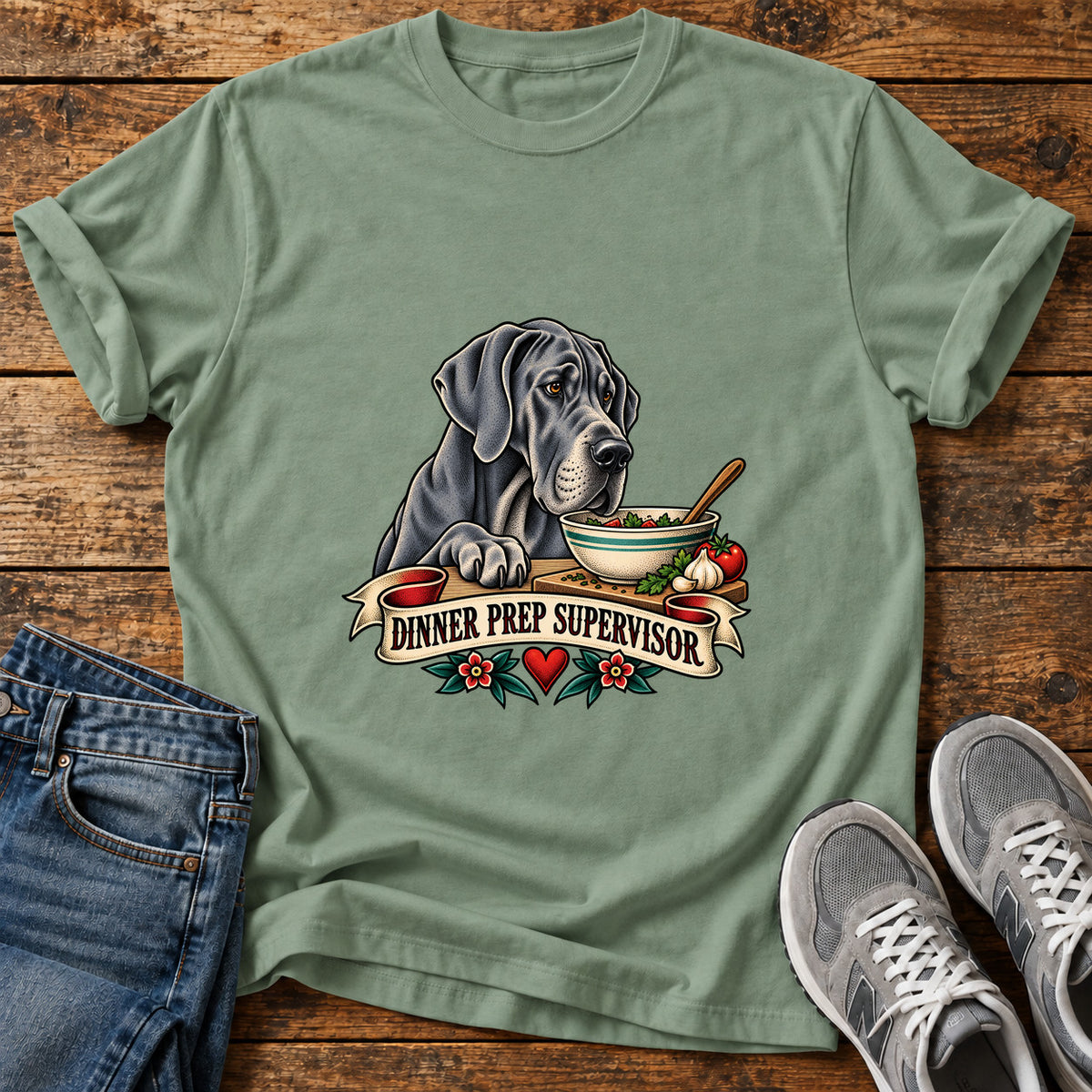 Dinner Prep Supervisor Great Dane graphic T-shirt in Sage, shown on a flat-lay shirt mockup