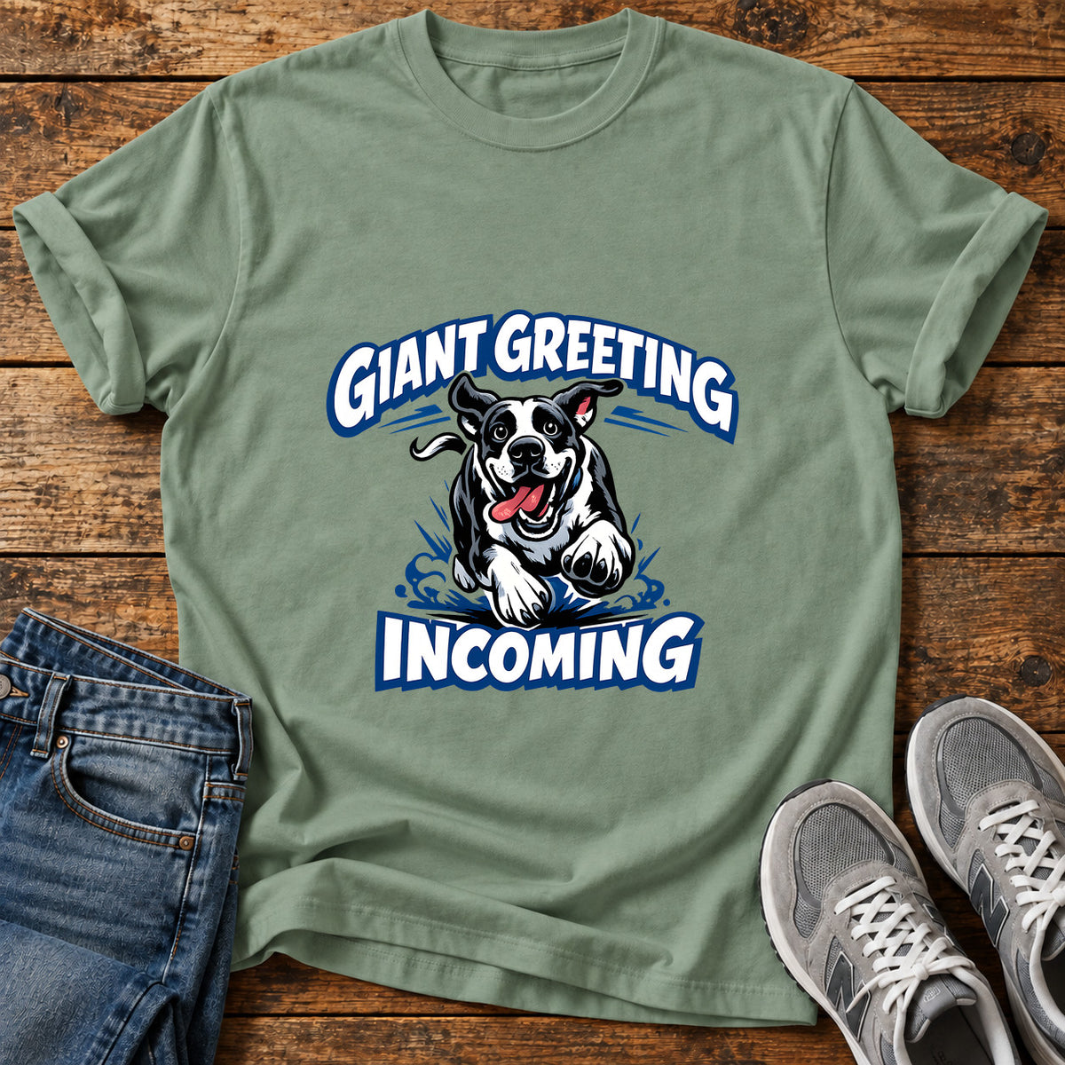 Giant Greeting Great Dane graphic T-shirt in Sage, shown on a flat-lay shirt mockup